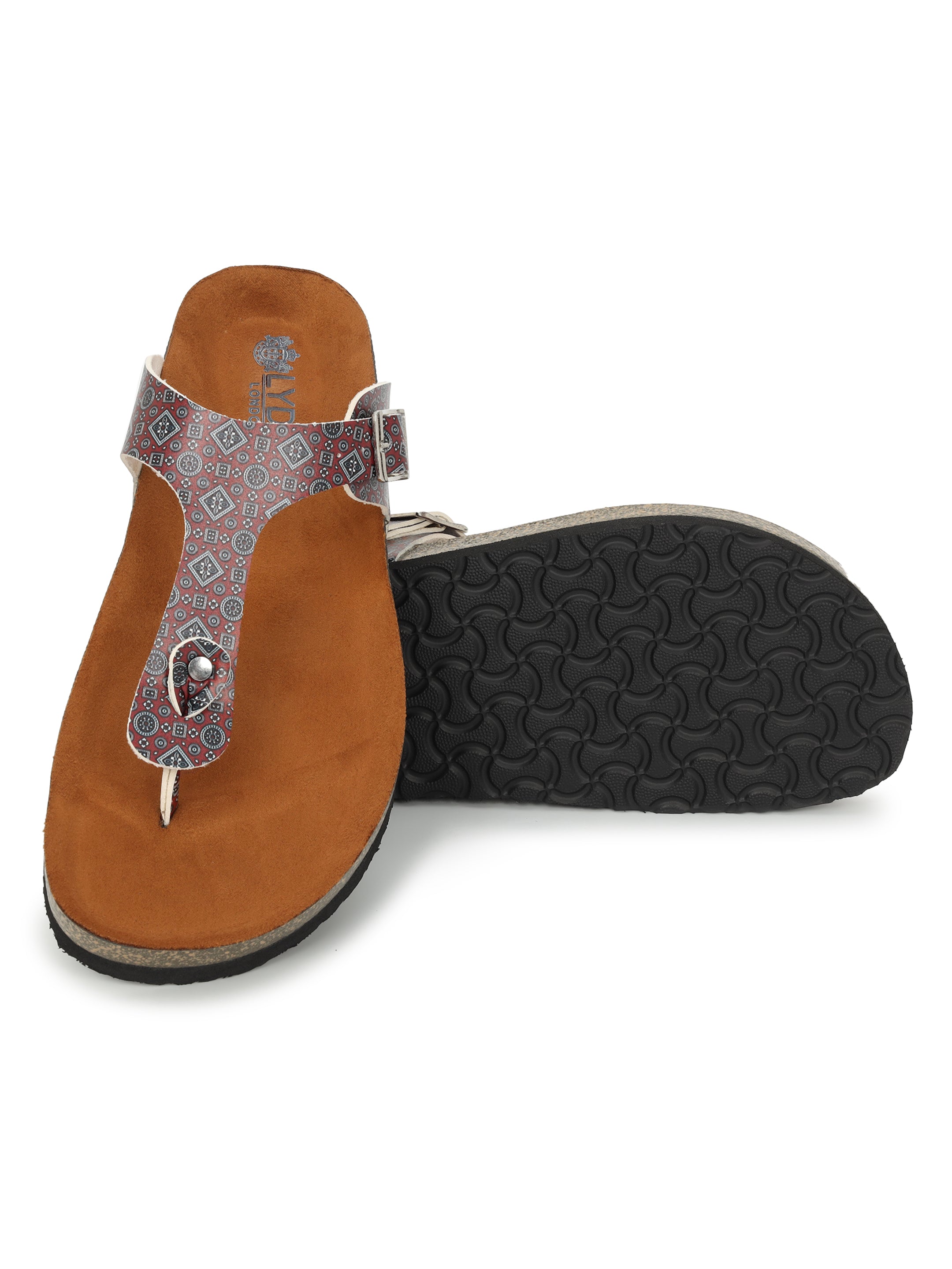LYDC London - Women's Ajrak Print T Strap Fashion Sandals - Regent - Maroon