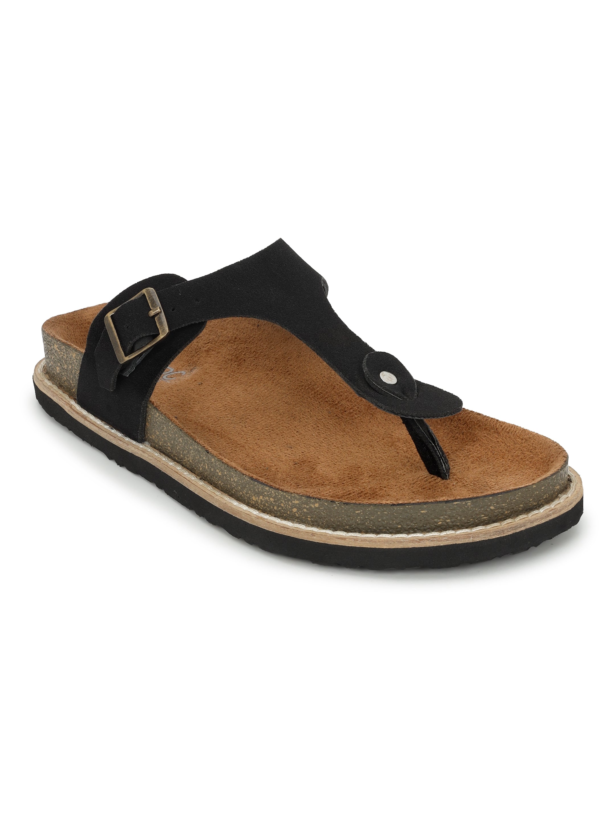 LYDC Black Suede Sandals For Women Welt-Crafted T-Strap Sandals