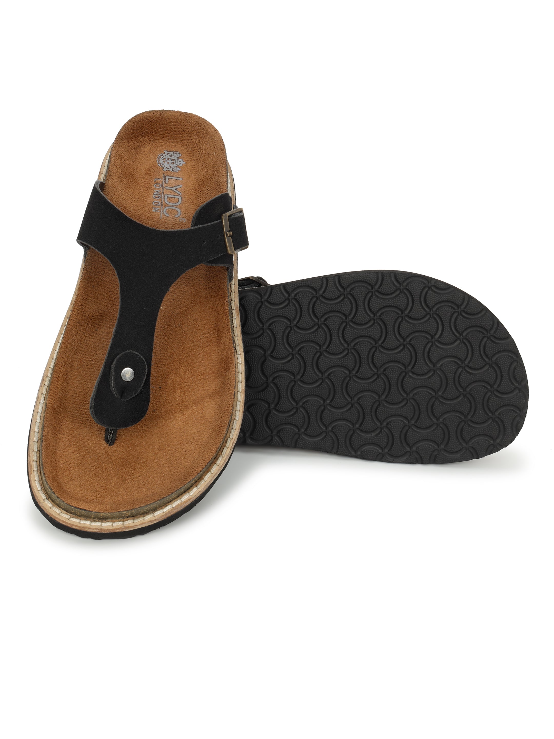 LYDC Black Suede Sandals For Women Welt-Crafted T-Strap Sandals