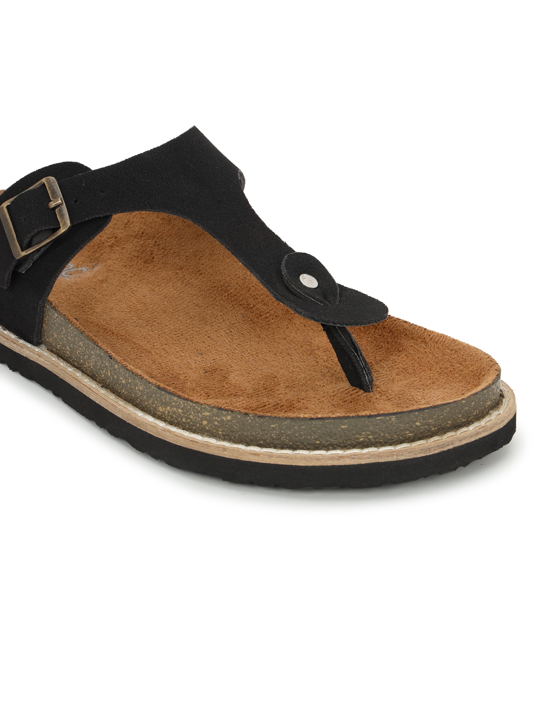 LYDC Black Suede Sandals For Women Welt-Crafted T-Strap Sandals