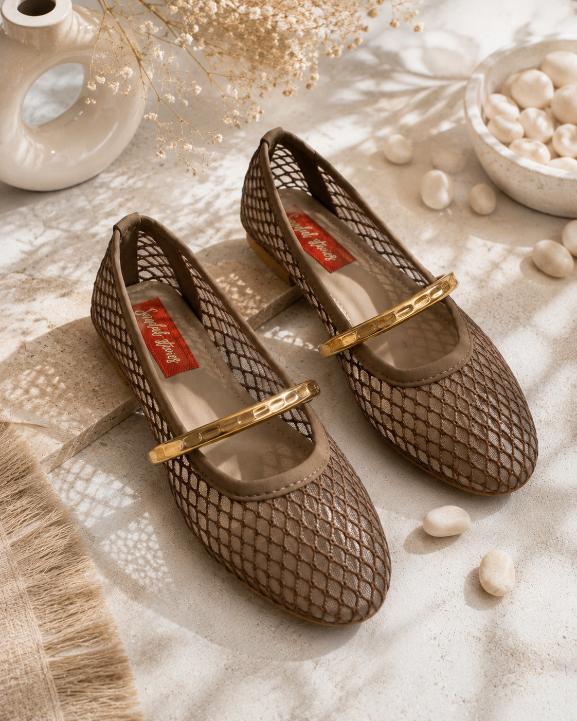 Sandal Stories Mocha Mesh Gold Bar Mary Jane Ballerinas