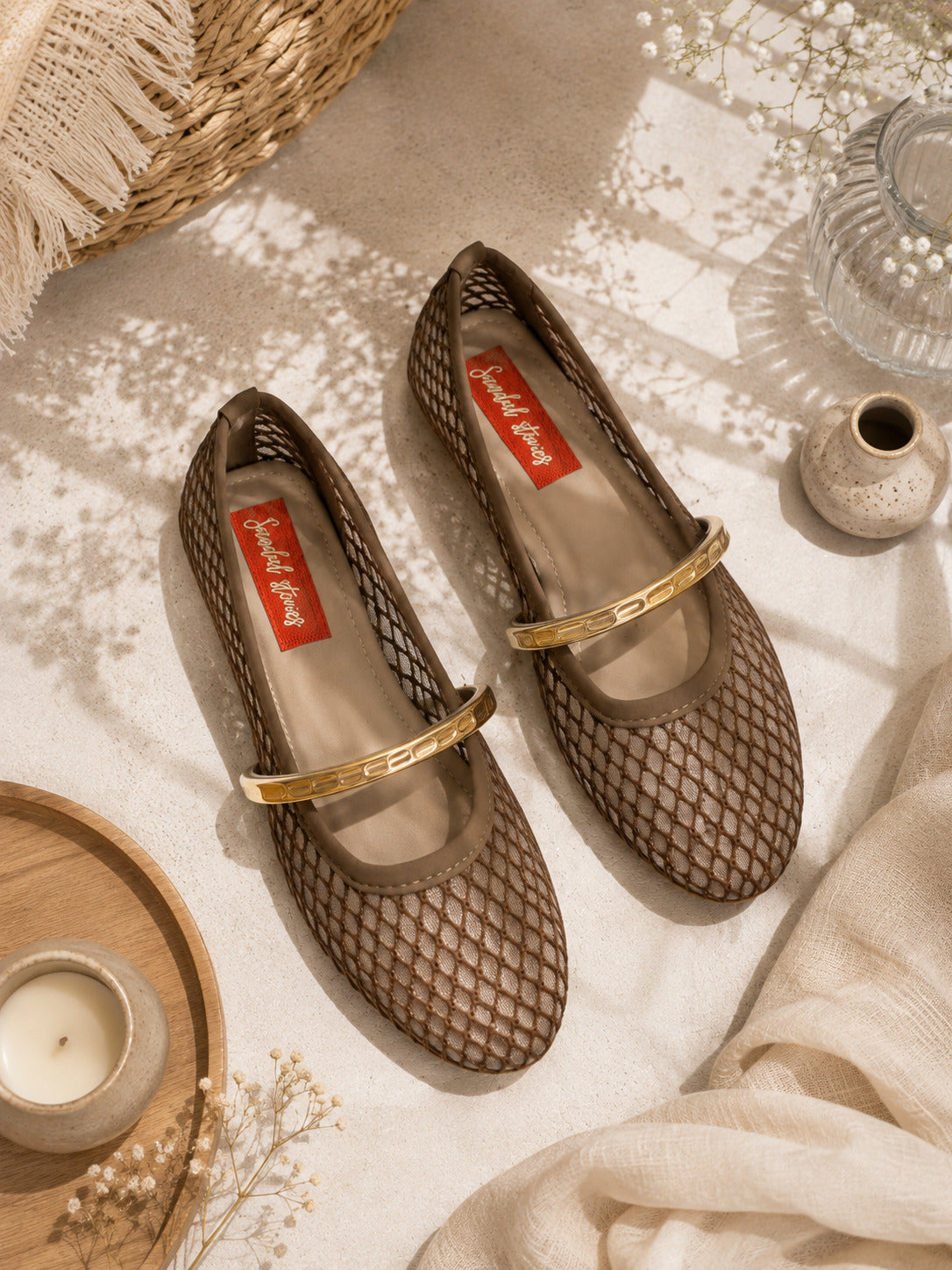 Sandal Stories Mocha Mesh Gold Bar Mary Jane Ballerinas