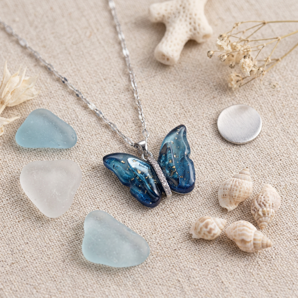 Salty Vibrant Blue Silver Winged Beauty Necklace