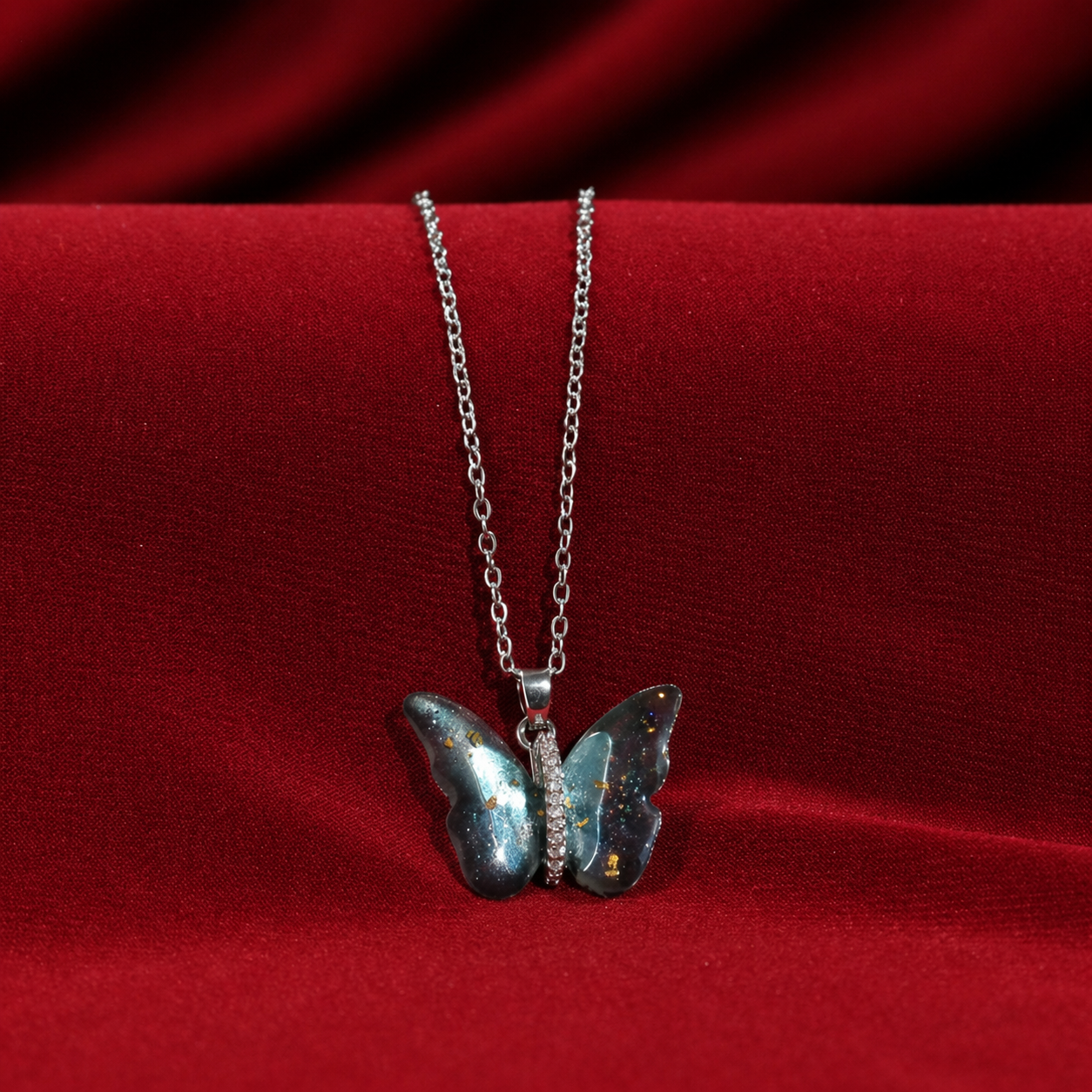Salty Vibrant Blue Silver Winged Beauty Necklace
