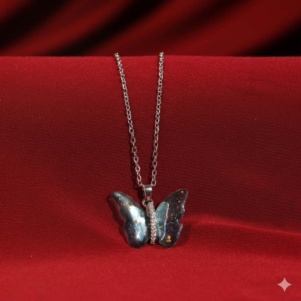 Salty Vibrant Blue Silver Winged Beauty Necklace