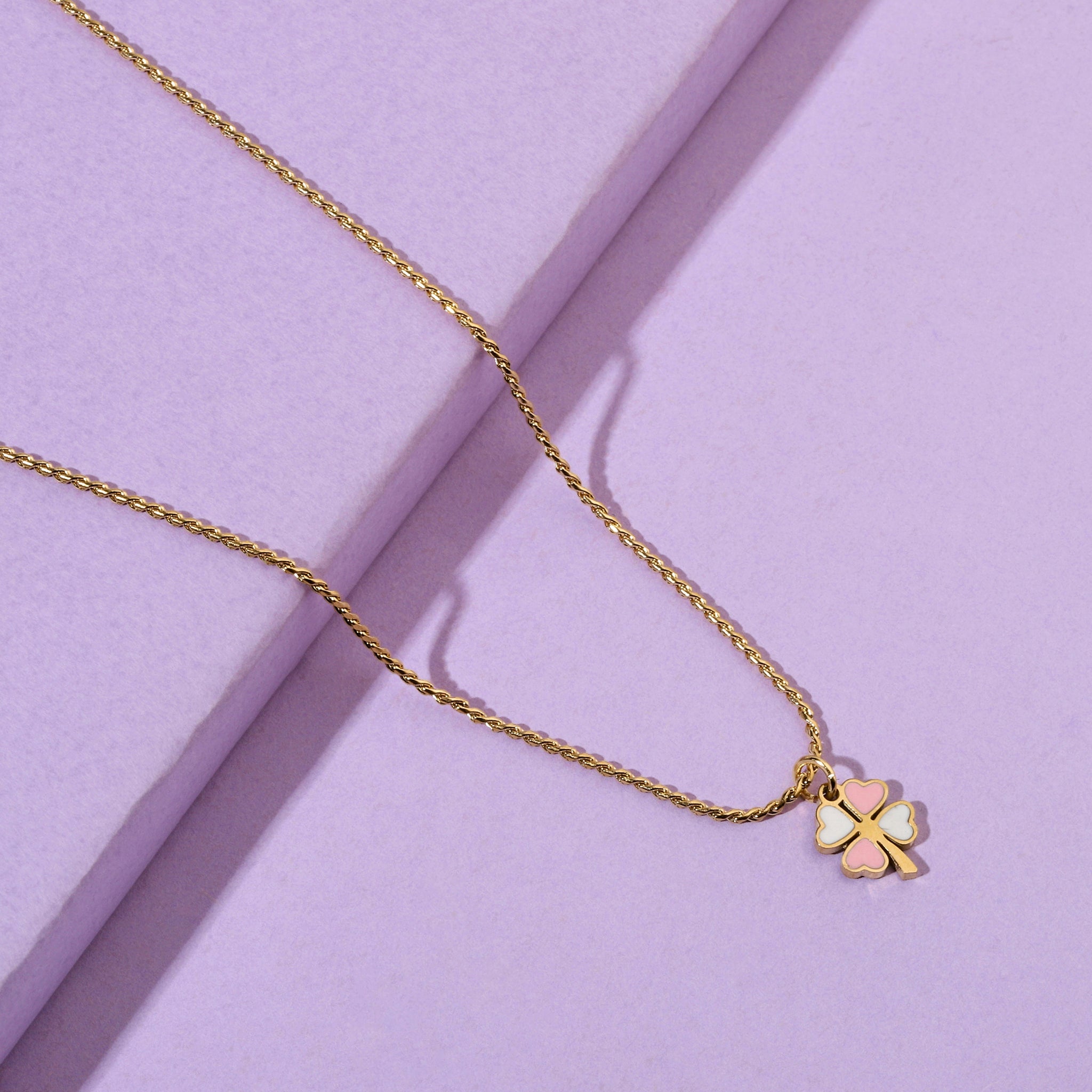 Salty Pink & White Clover Gold Necklace