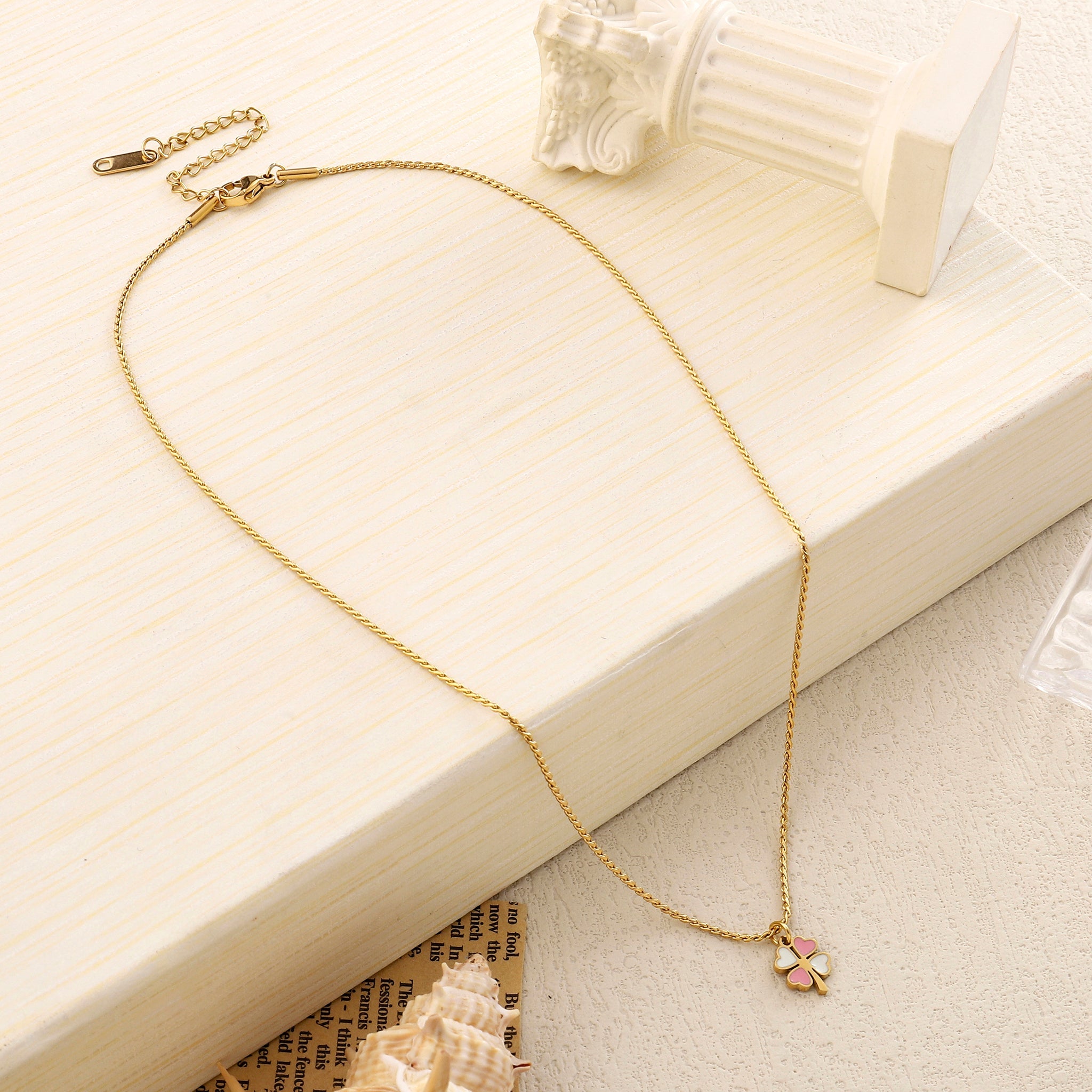 Salty Pink & White Clover Gold Necklace