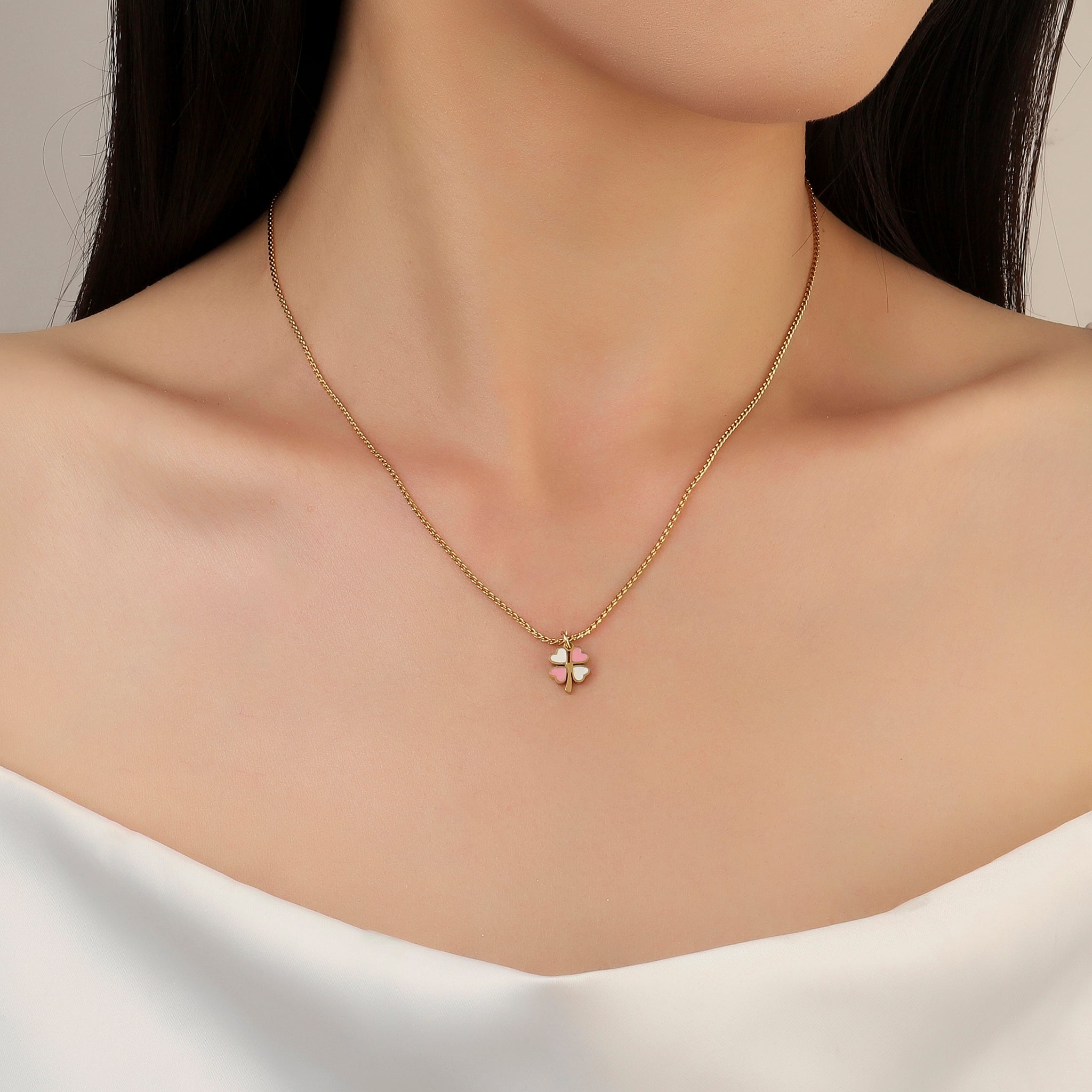 Salty Pink & White Clover Gold Necklace