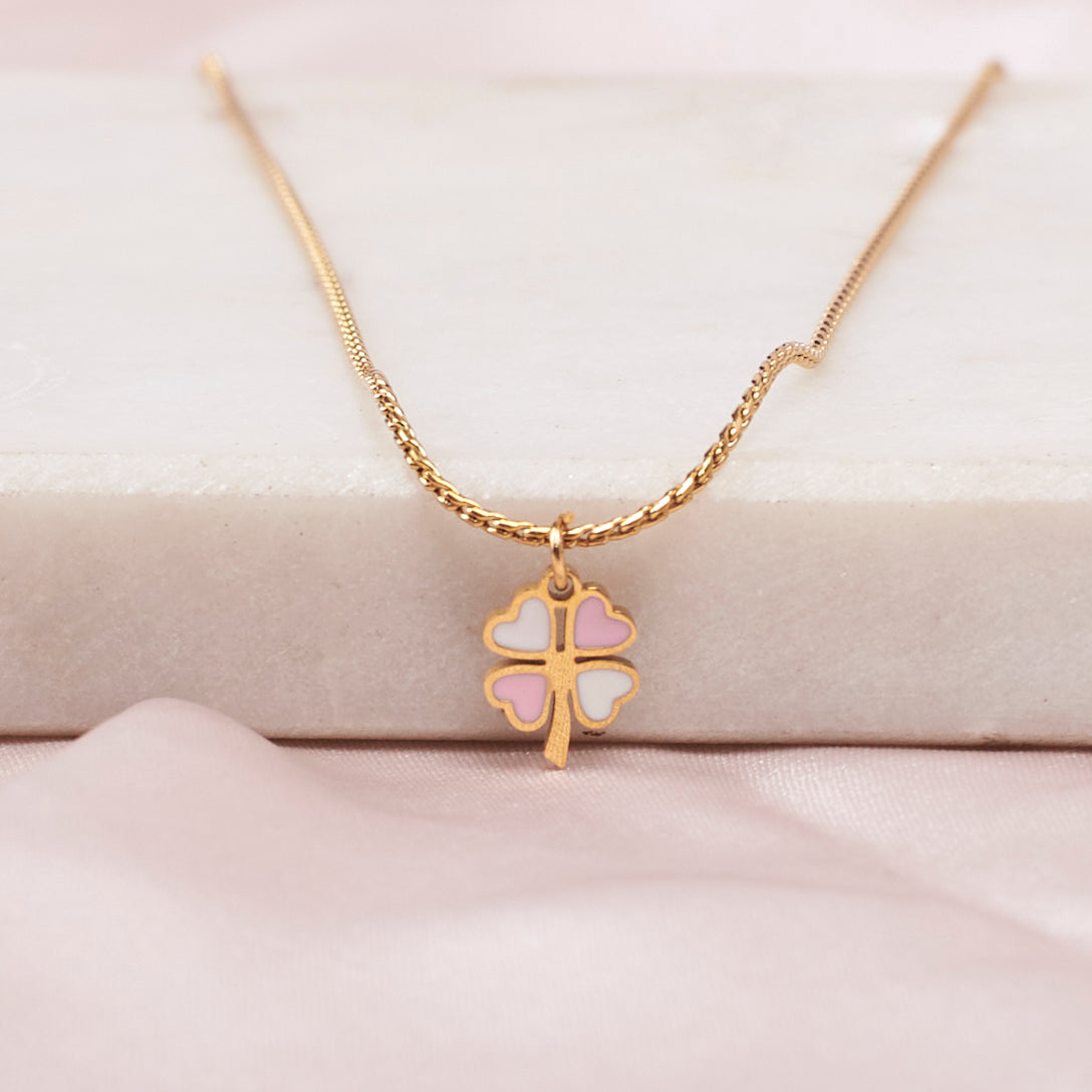 Salty Pink & White Clover Gold Necklace