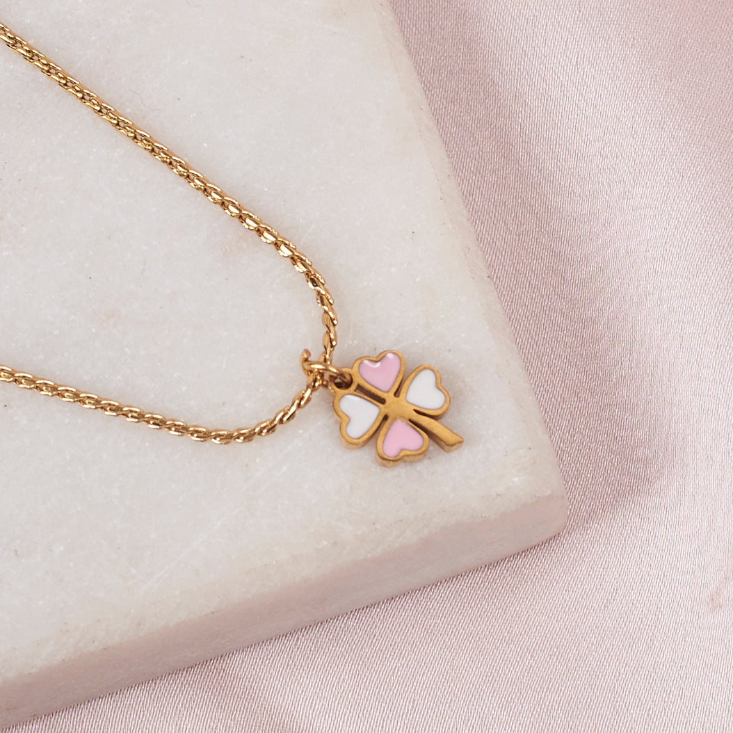 Salty Pink & White Clover Gold Necklace