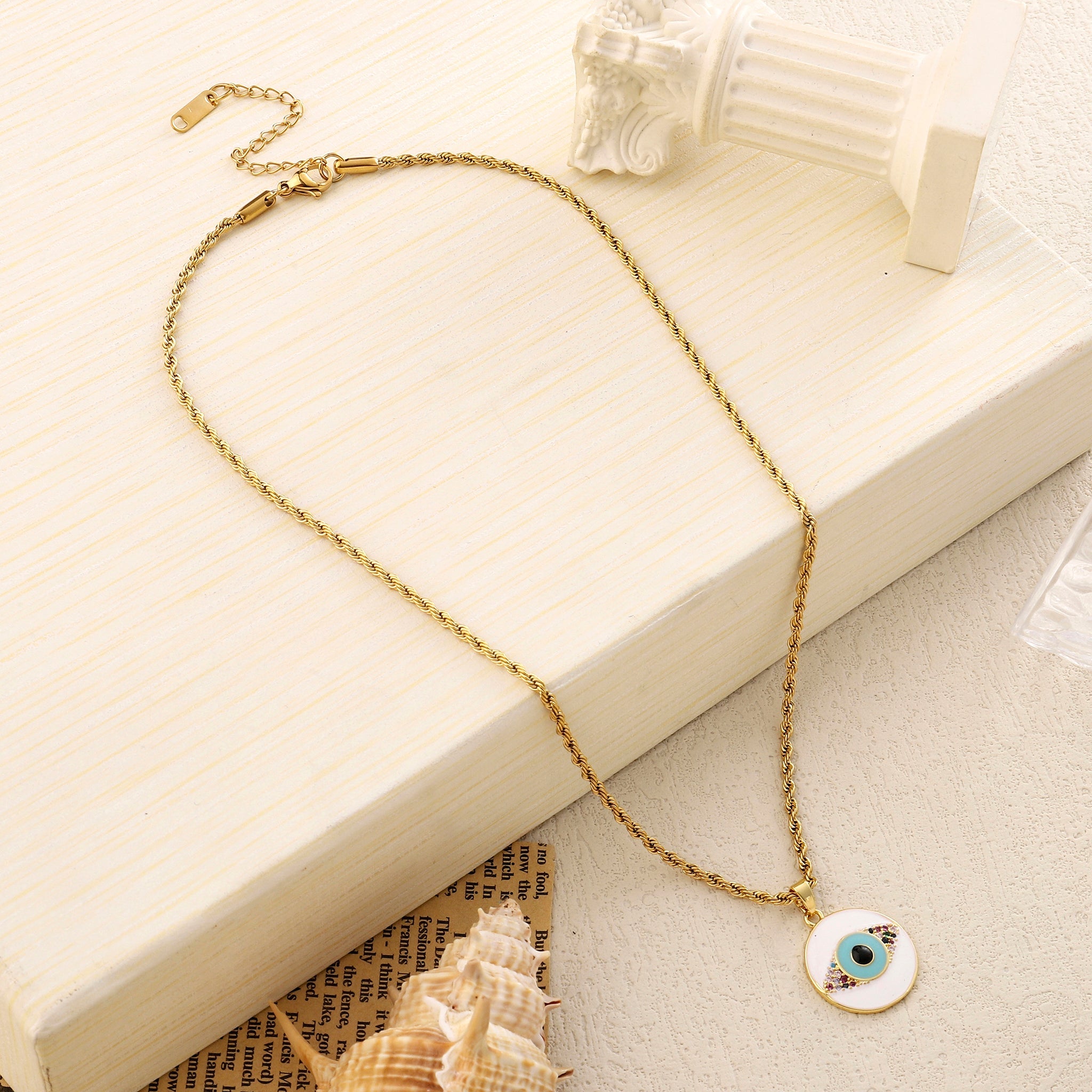 Salty White & Blue Evil Eye Gold Necklace