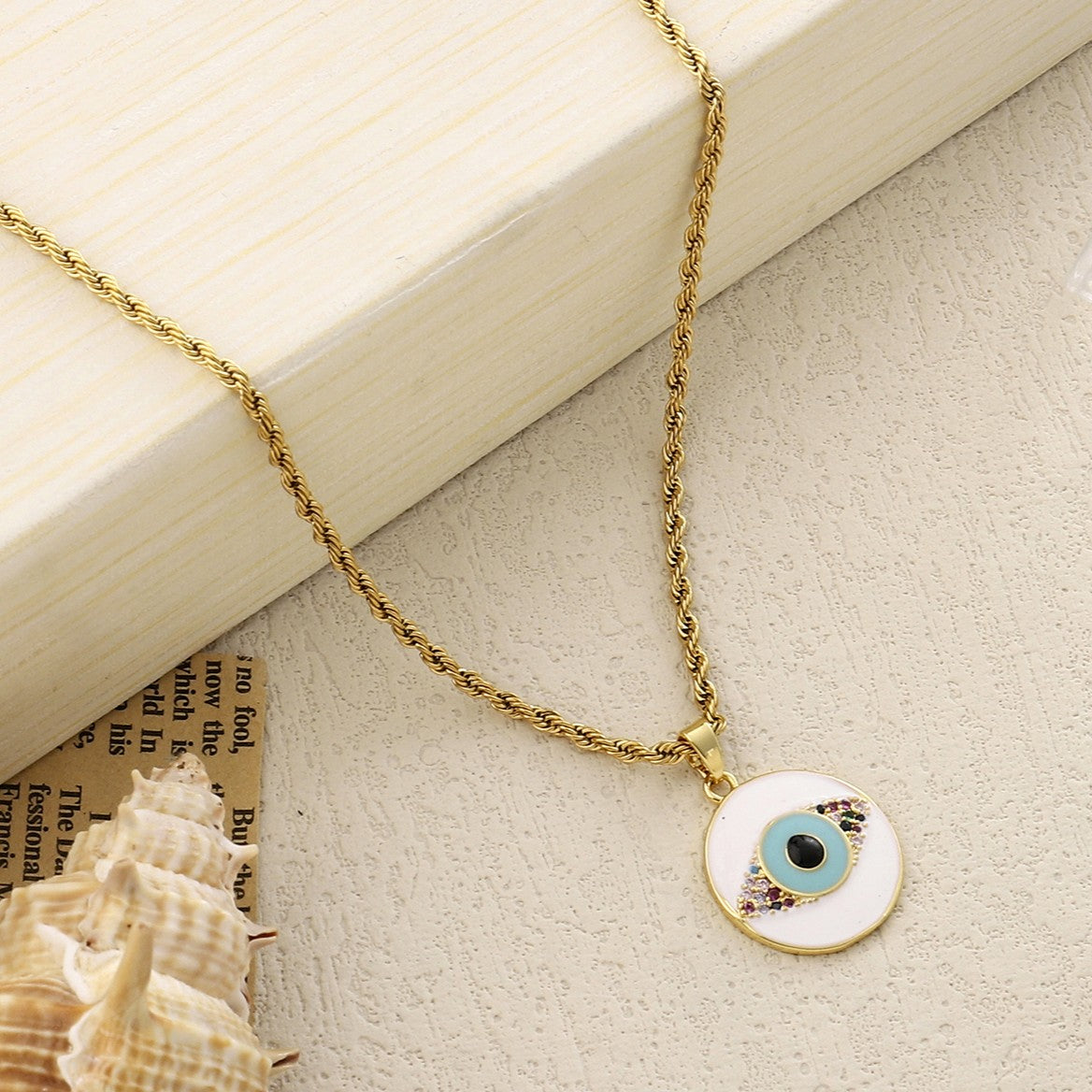 Salty White & Blue Evil Eye Gold Necklace