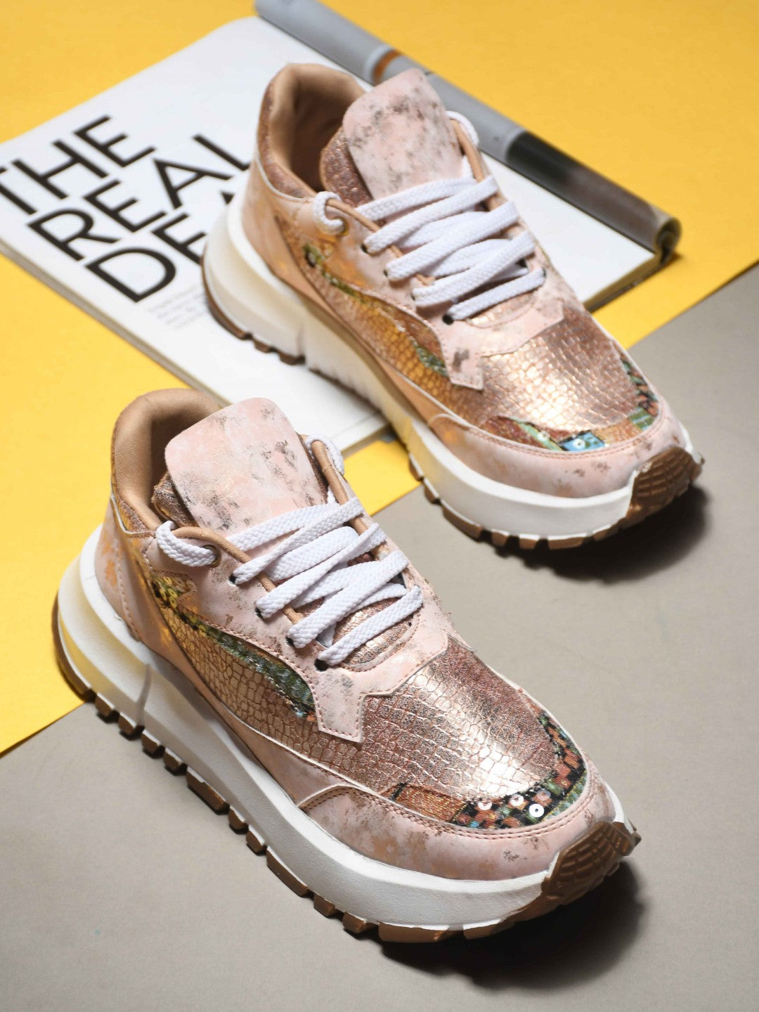JM Looks Metallic Mesh Chunky Sneakers For Women