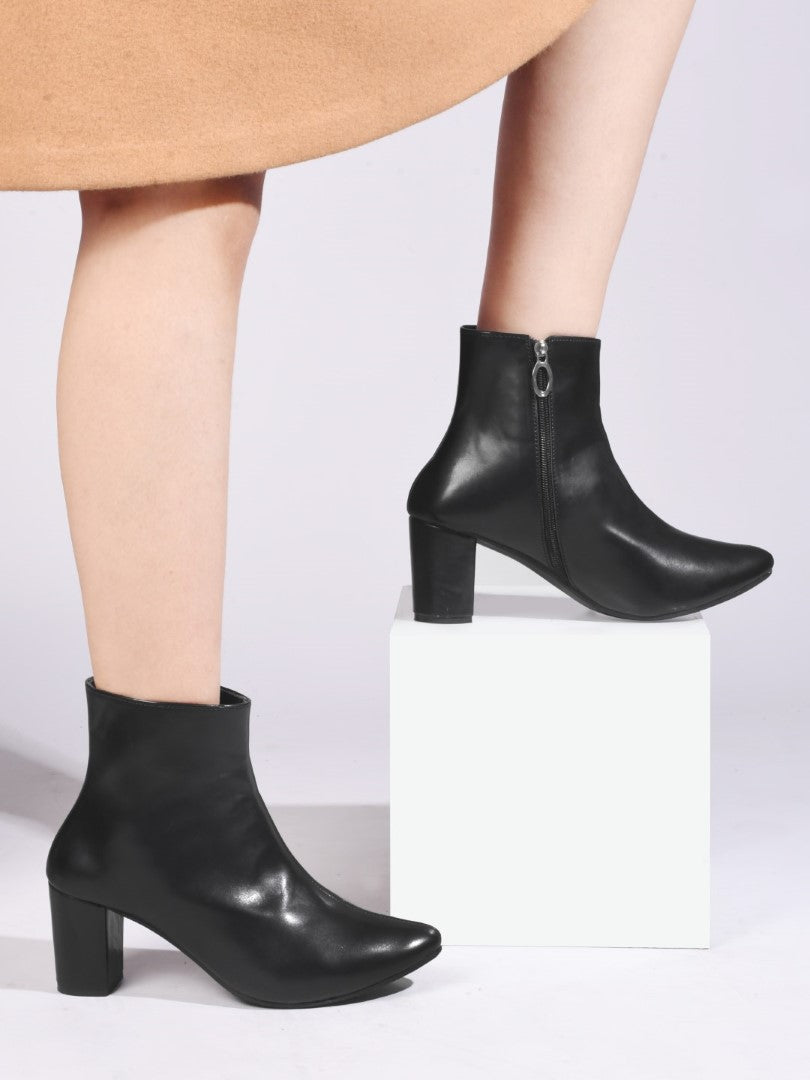 JM Looks Women Block Heel Ankle Boots with Zipper Pointed Toe