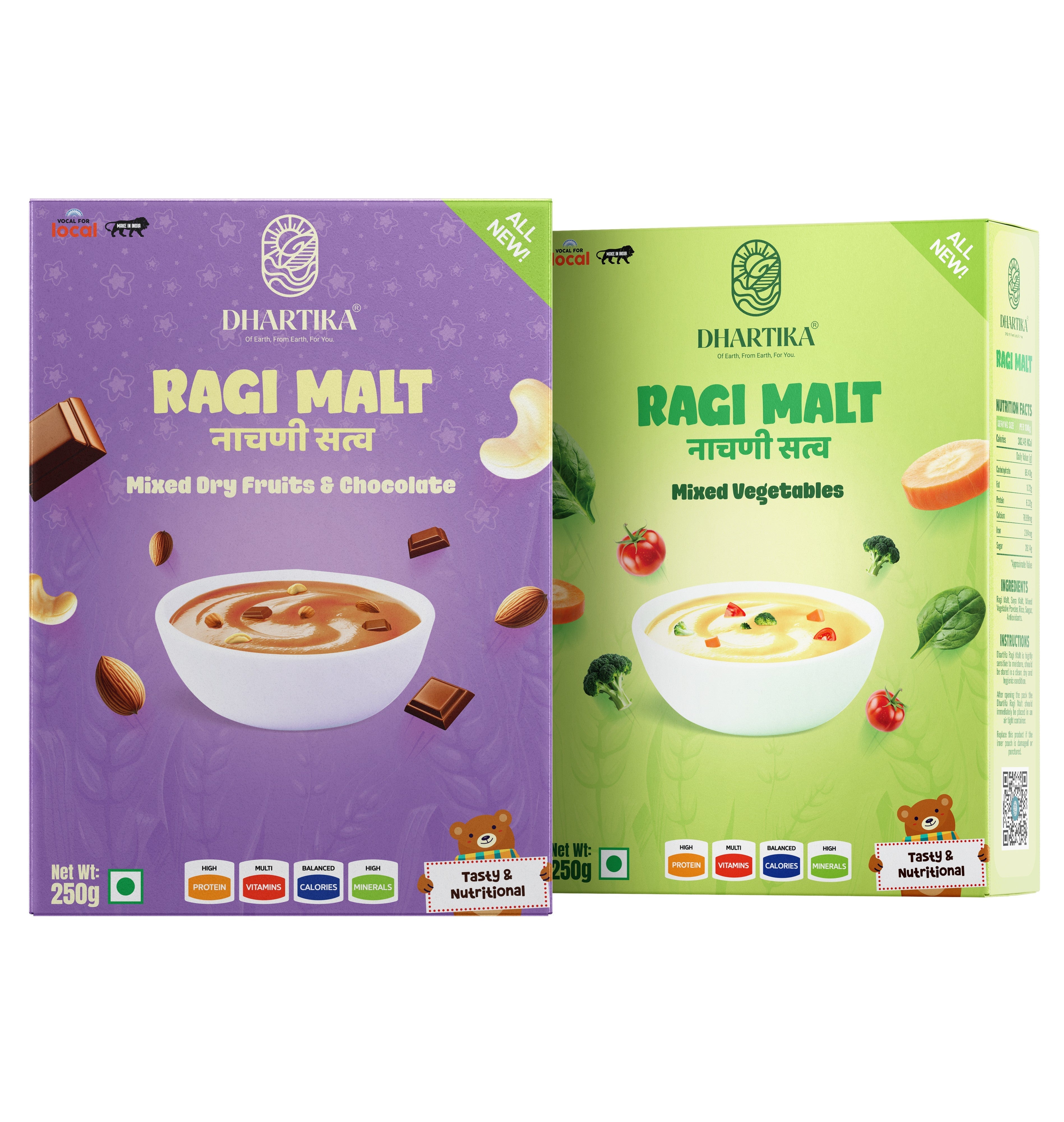 Dhartika Ragi Malt Combo Pack (Nachni Satva) – Mixed Dry Fruits & Chocolate + Mixed Vegetables 250g Each (Pack of 2)