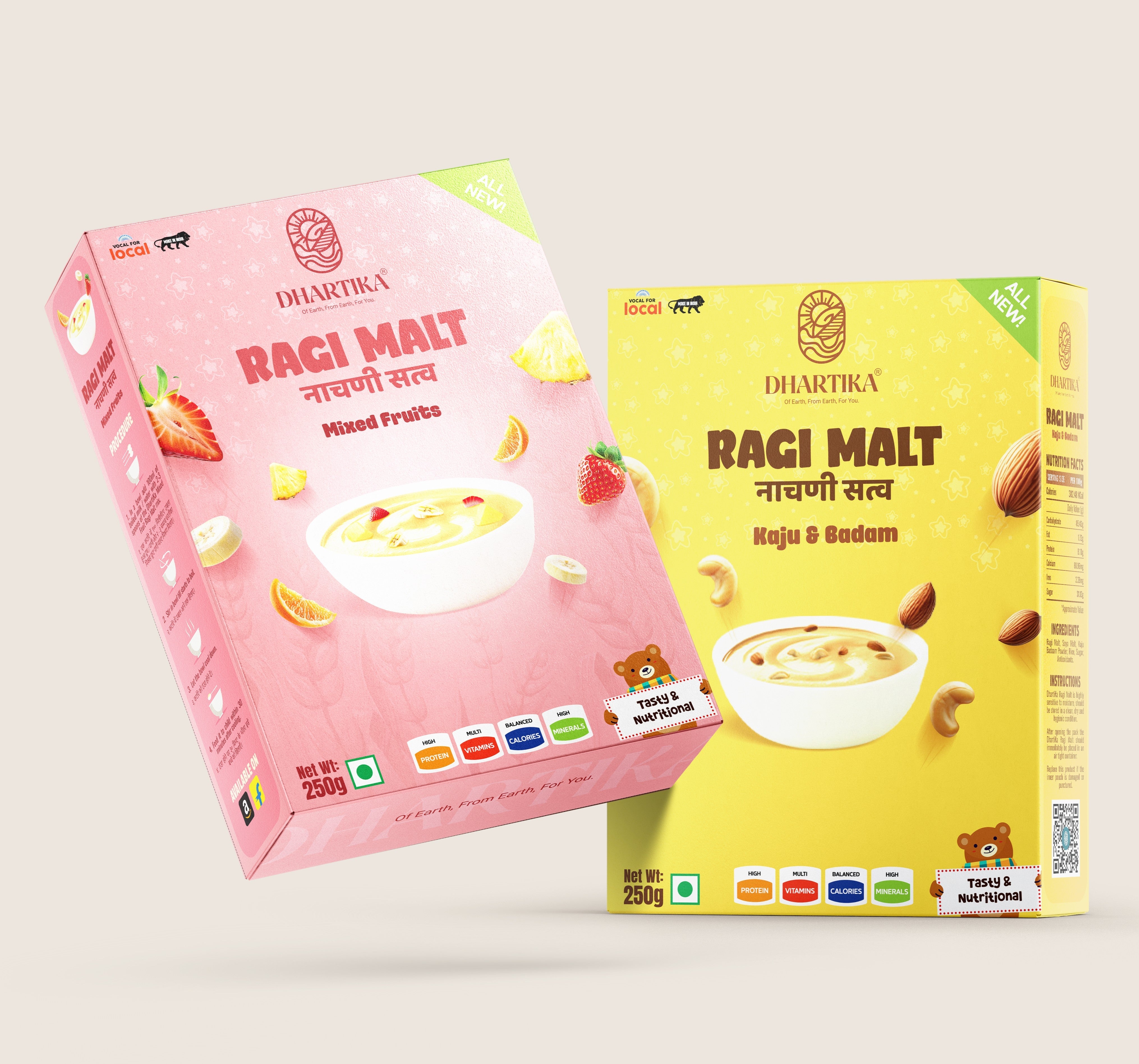 Dhartika Ragi Malt Combo Pack (Nachni Satva) – Mixed Fruits & Kaju Badam 250g Each (Pack of 2)
