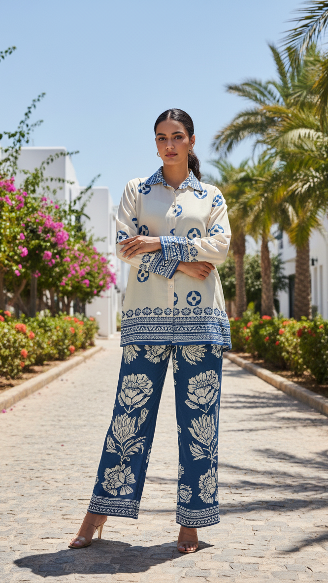 Label Flavia Indigo Floral Resort Co-ord Set