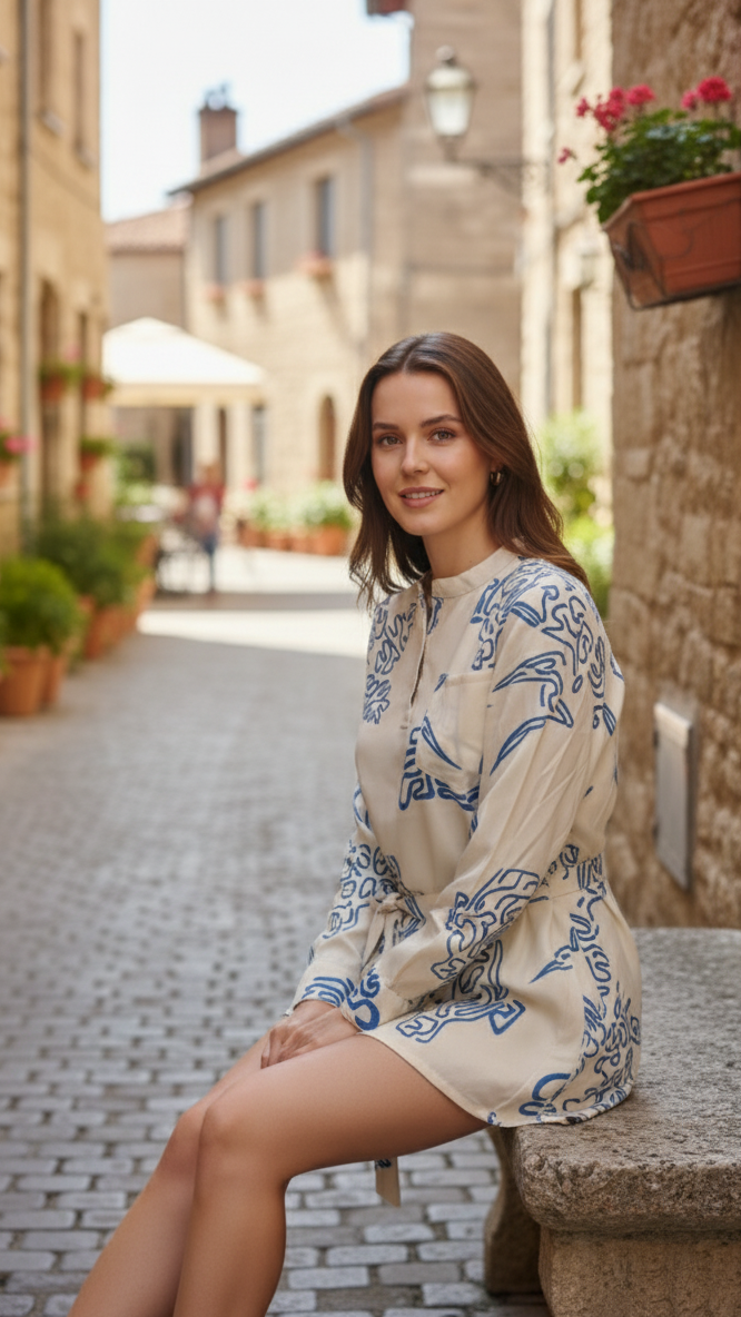 Label Flavia Cobalt Maze Print Tunic Dress