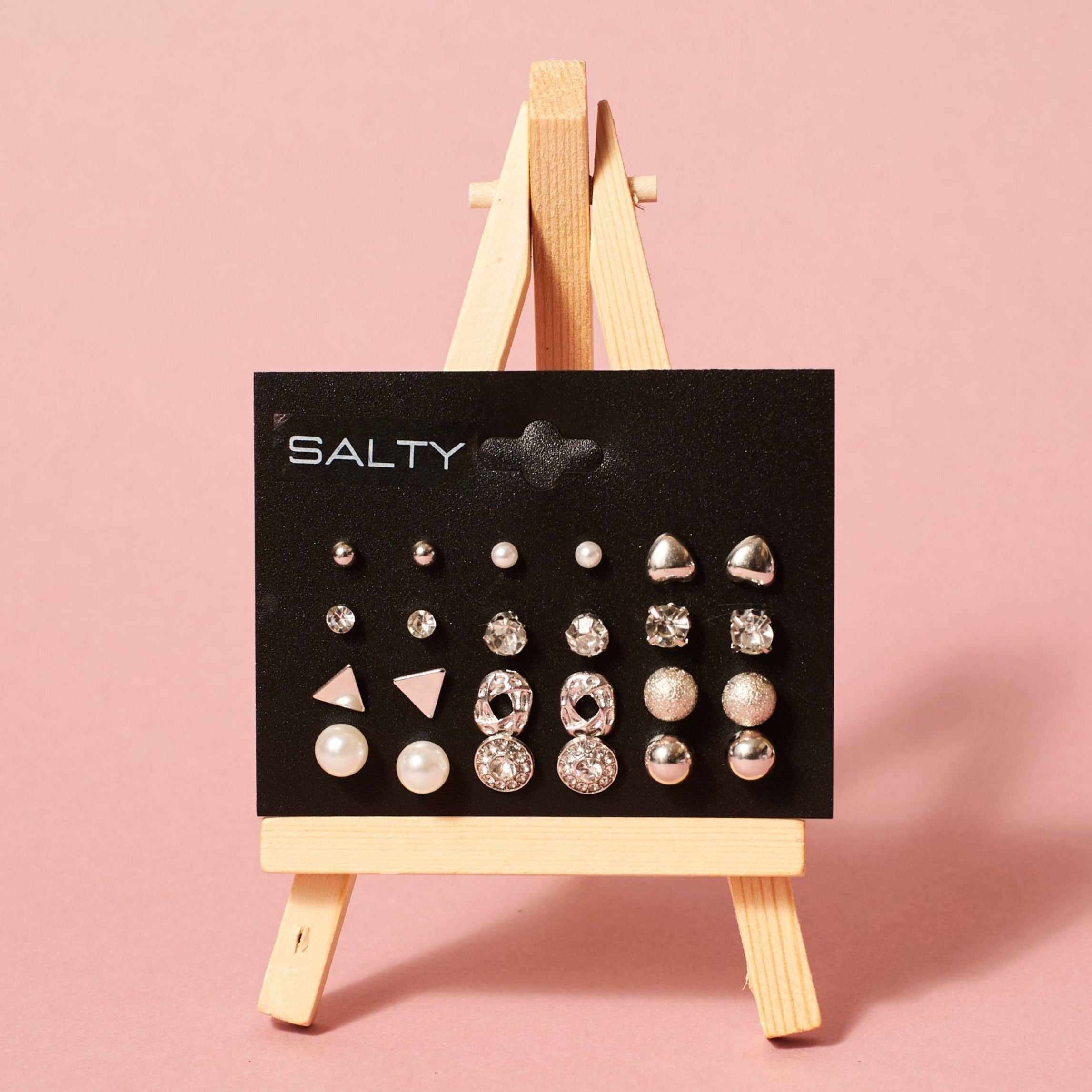 Salty "All Things Silver" Diamond Triangle Heart Inlaid 12 Pairs Stud Earrings