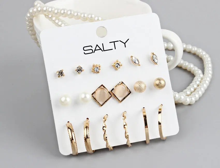Salty Set of 9 Gold Huggie Hoop Earrings and Studs