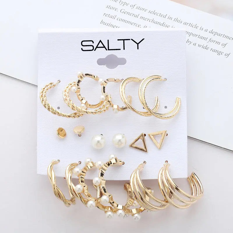 Salty Set of 9 Gold Personality Pearl Gold Plated Vintage Hoops and Studs