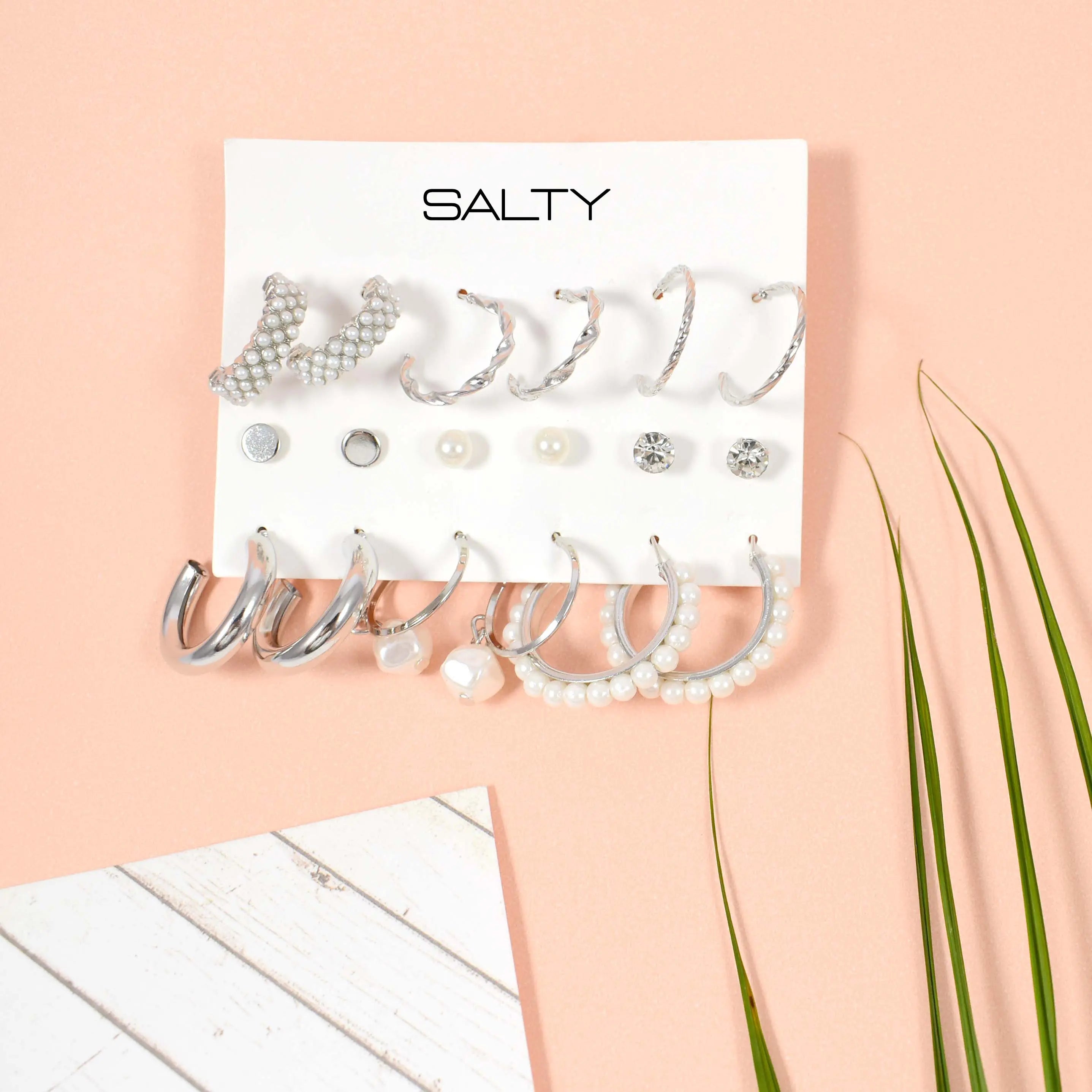 Salty Set of 9 Silver Chunky Real Freshwater Pearl Hoops and Studs