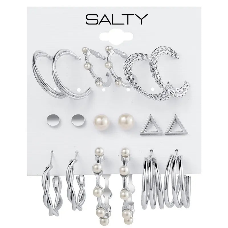 Salty Set of 9 Silver Personality Pearl Silver Plated Vintage Hoops and Studs