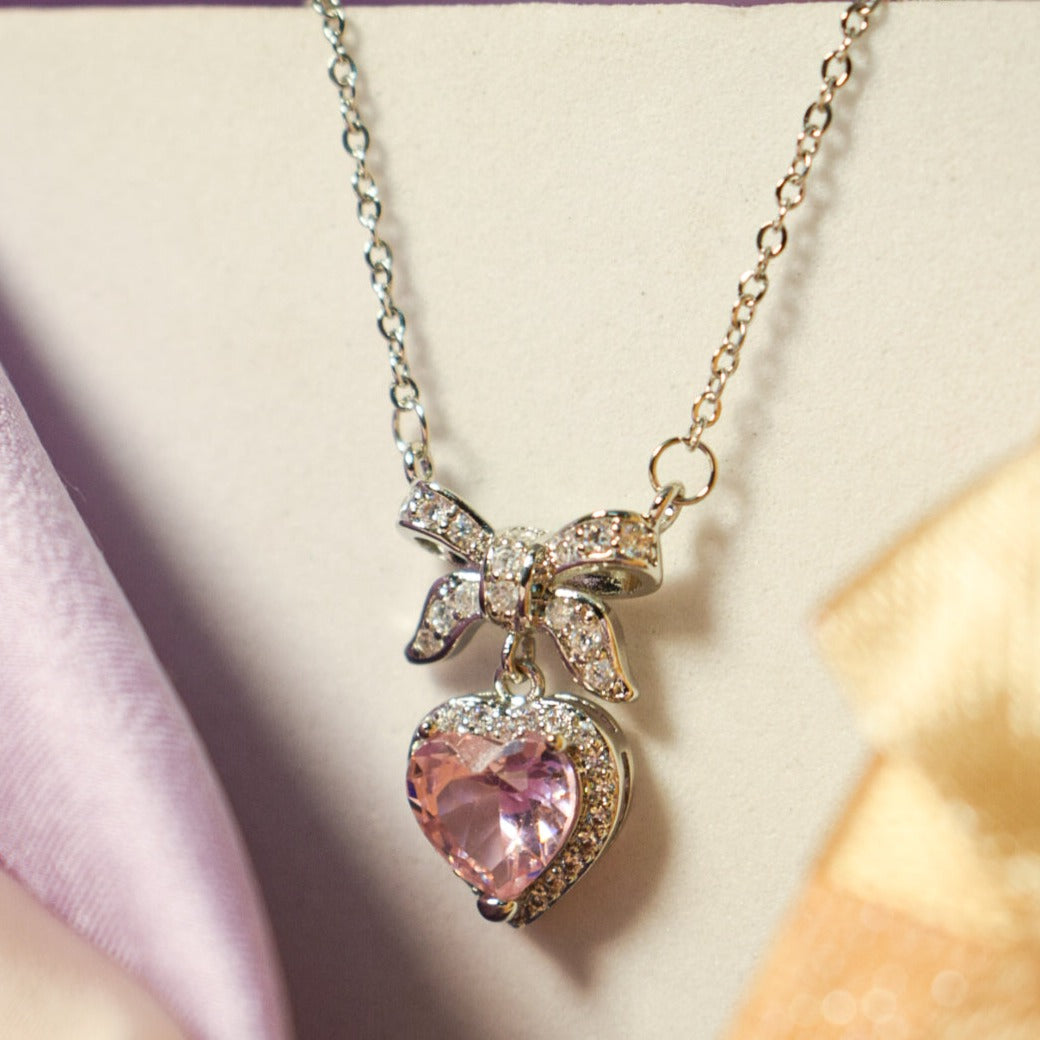 Salty Silver Sweetheart Bow & Blush Necklace