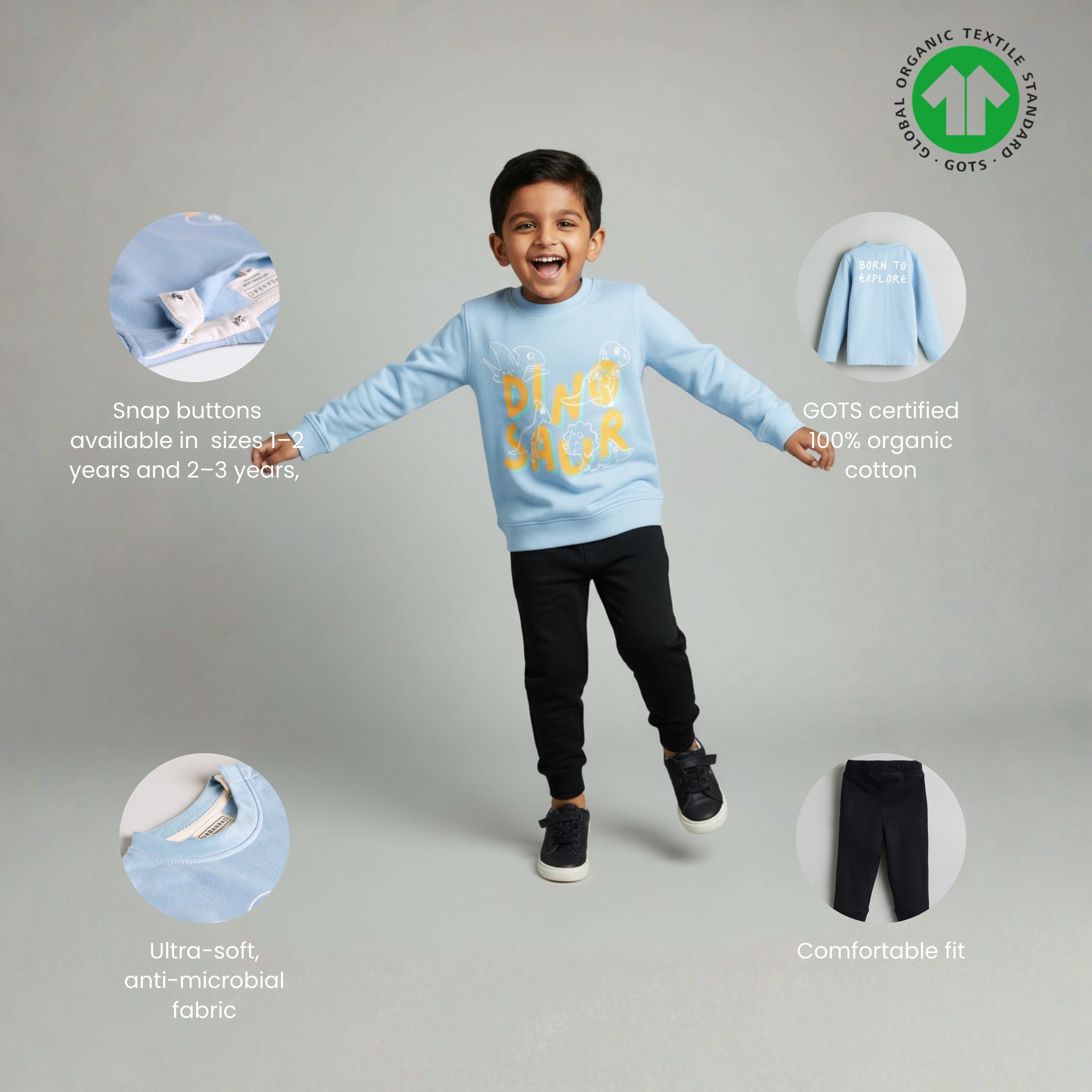 Urbanrac GOTS Certified Organic Cotton Sweatshirt Pant Set - Dino - Kids