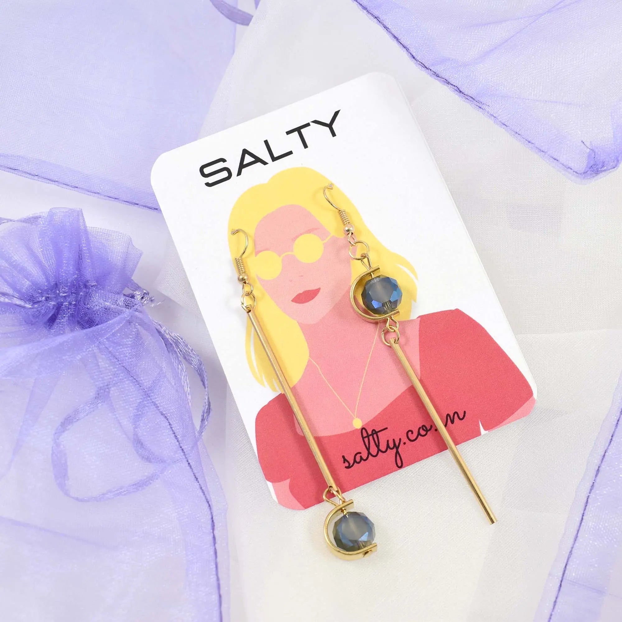 Salty Double C Shape Asymmetric Blue Stone Grey Stone Drop Earrings