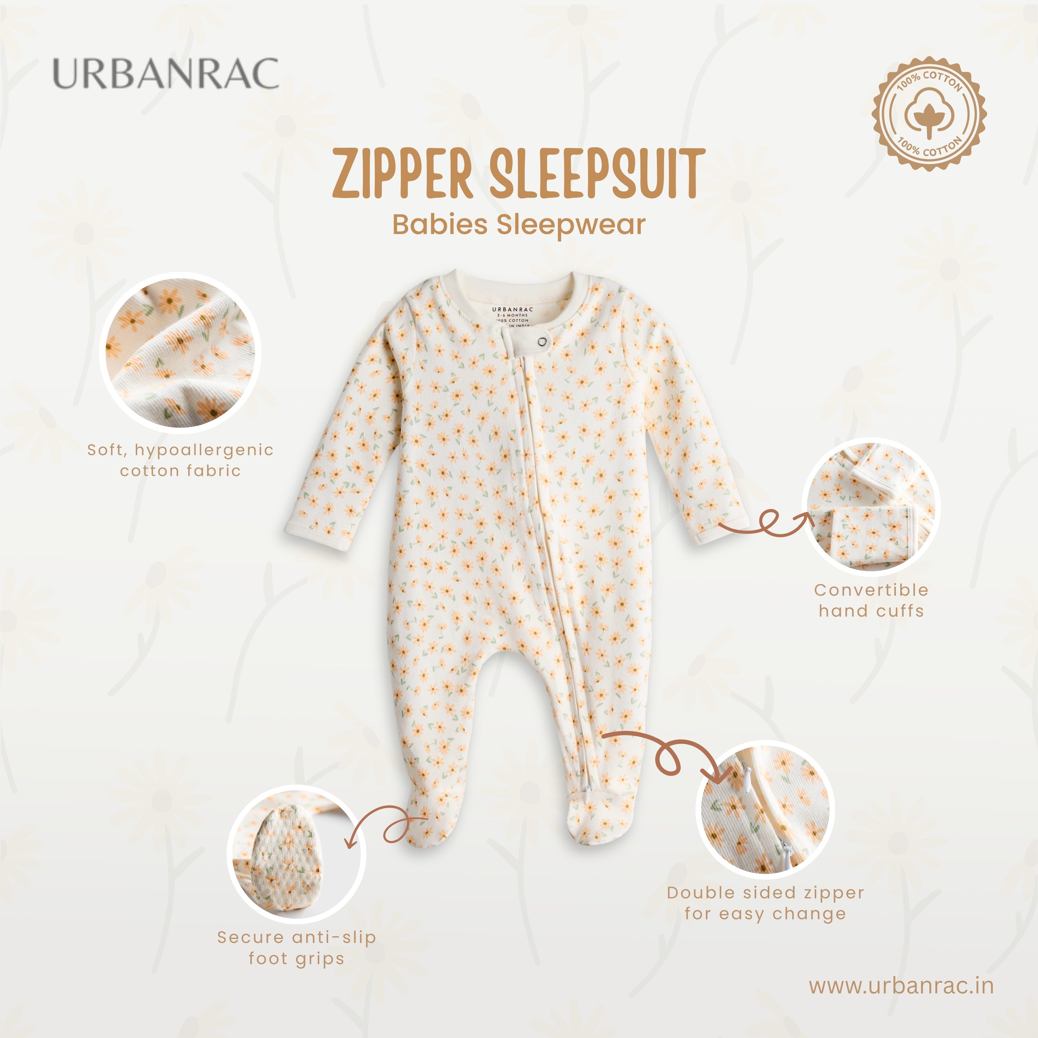 Urbanrac 2 Way Double Zipper Sleepsuit with Feet For Babies - Always Summer