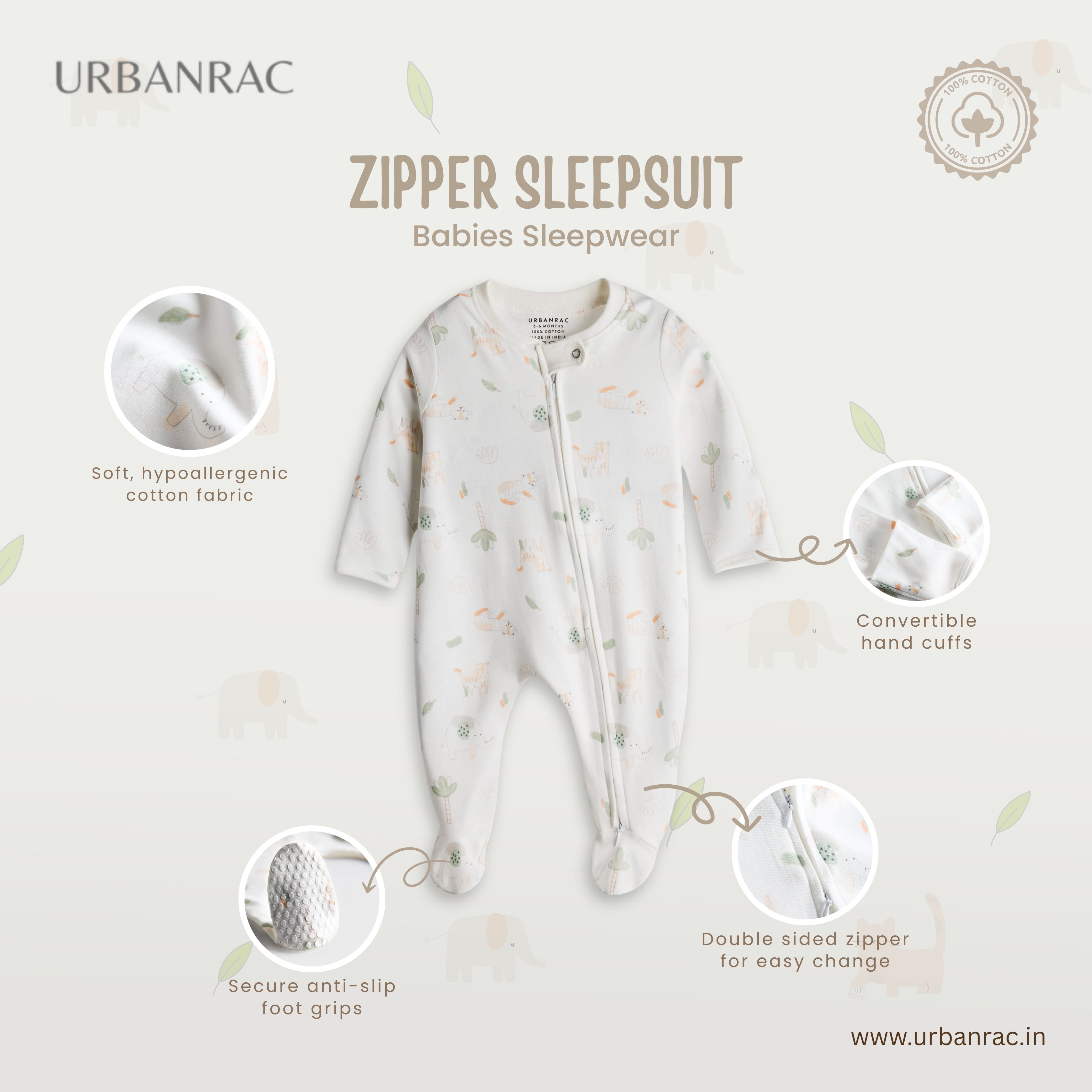 Urbanrac 2 Way Double Zipper Sleepsuit with Feet For Babies - Unisex