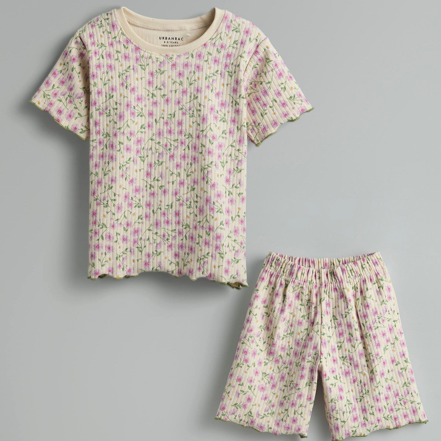 Urbanrac 100% Cotton Co-Ord Set for Toddlers - Floral Off-White - Beige