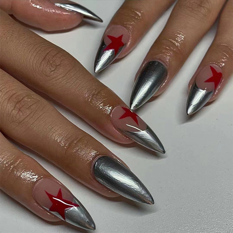 Gush Beauty Oxidised Silver Stars- Medium Almond - Nailed It Reusable Luxury Press On Nails With Application Kit