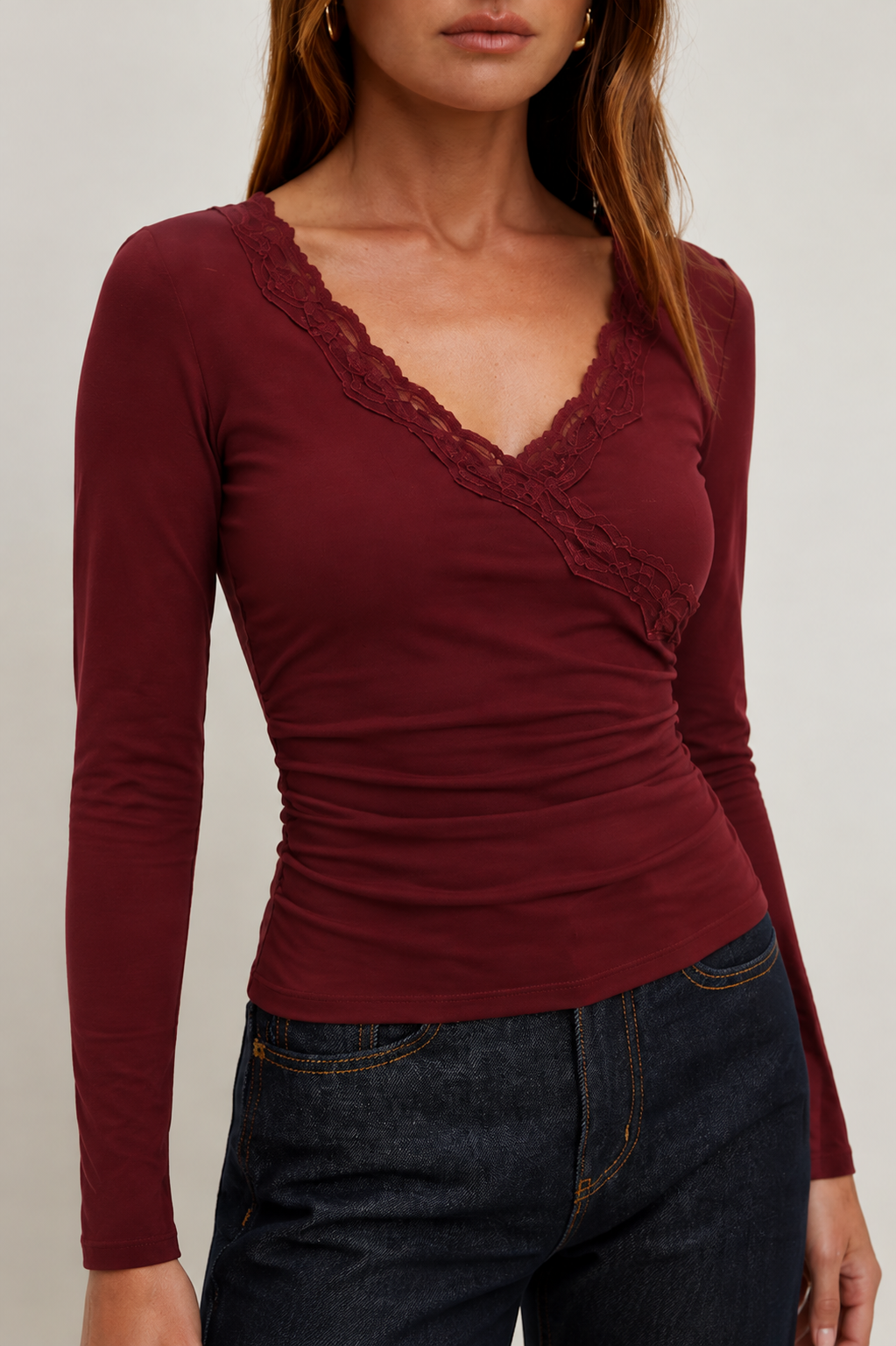 Mywishbag V-Neck Solid Lace Trim Ruched Long Sleeve Top - Polyester Blend