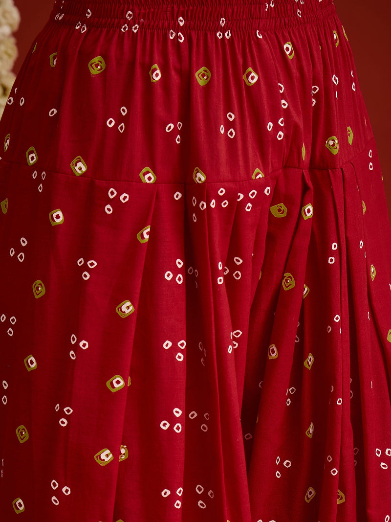 Stylum Women's Red Bandhej Printed Rayon A-Line Kurti With Farshi Salwar