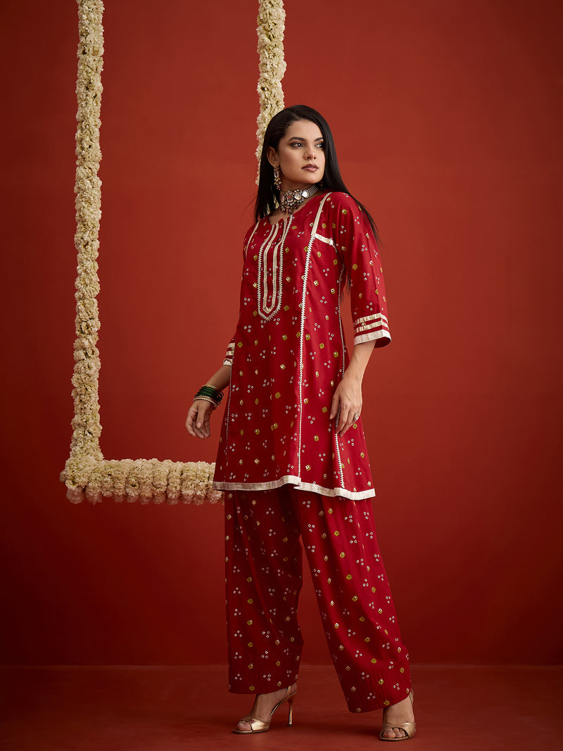 Stylum Women's Red Bandhej Printed Rayon A-Line Kurti With Farshi Salwar