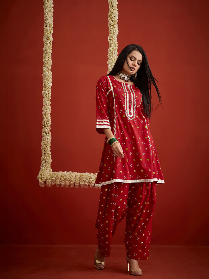 Stylum Women's Red Bandhej Printed Rayon A-Line Kurti With Farshi Salwar