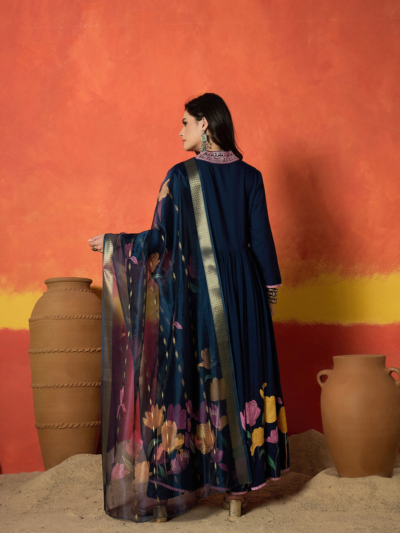 Stylum Women's Floral Printed & Embroidered Rayon Anarkali Kurta Pant Dupatta Set