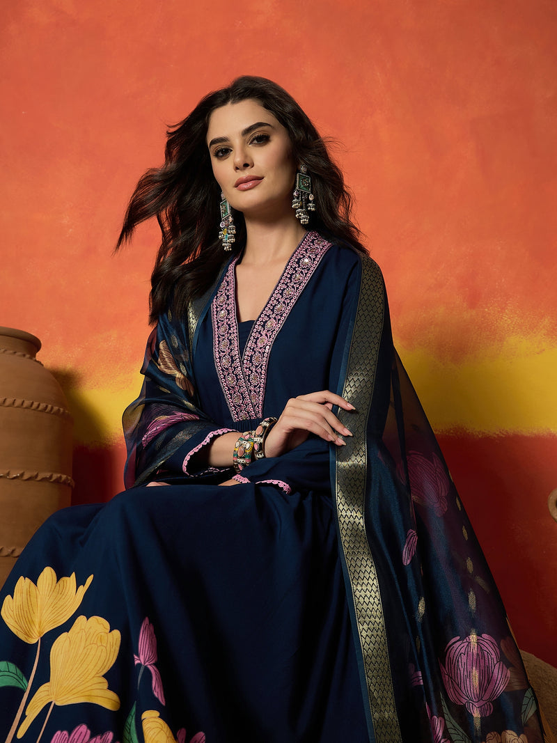 Stylum Women's Floral Printed & Embroidered Rayon Anarkali Kurta Pant Dupatta Set
