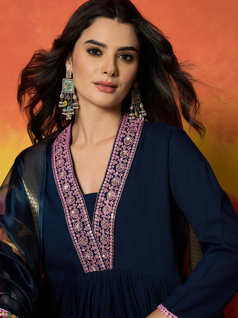 Stylum Women's Floral Printed & Embroidered Rayon Anarkali Kurta Pant Dupatta Set