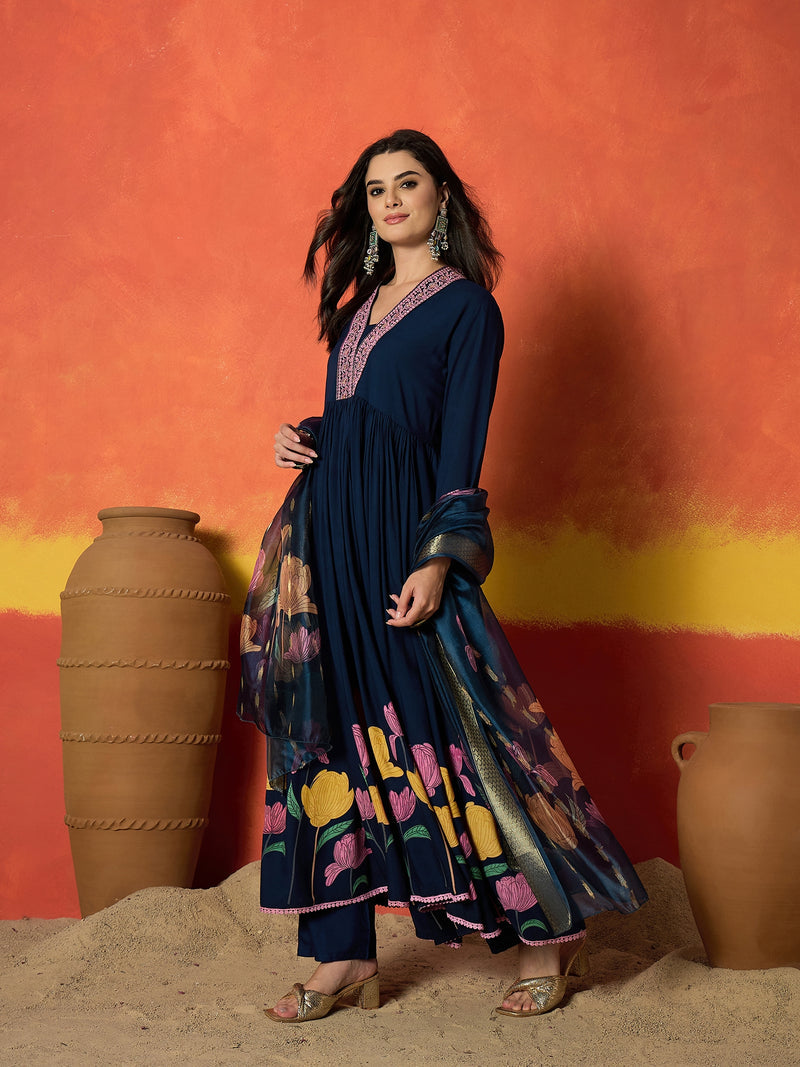 Stylum Women's Floral Printed & Embroidered Rayon Anarkali Kurta Pant Dupatta Set