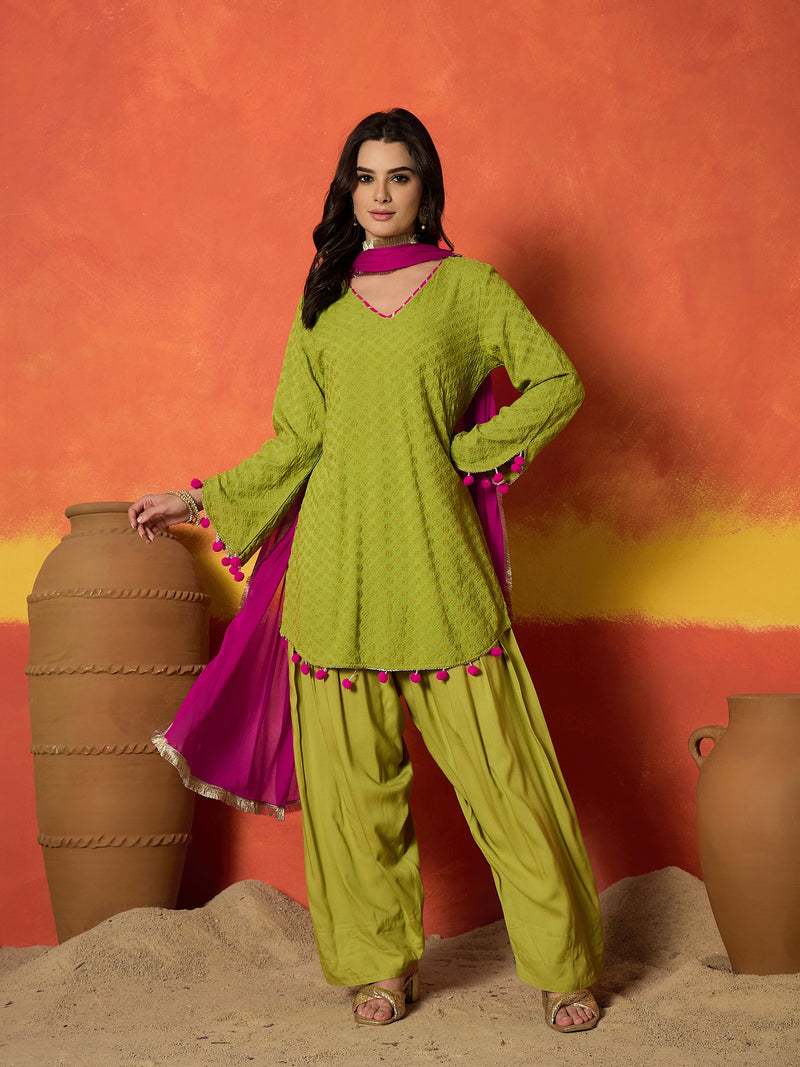 Stylum Women's Chikankari Rayon A-Line Kurti Farshi Salwar With Dupatta Set