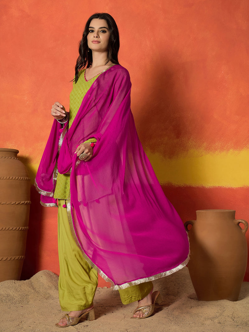 Stylum Women's Chikankari Rayon A-Line Kurti Farshi Salwar With Dupatta Set