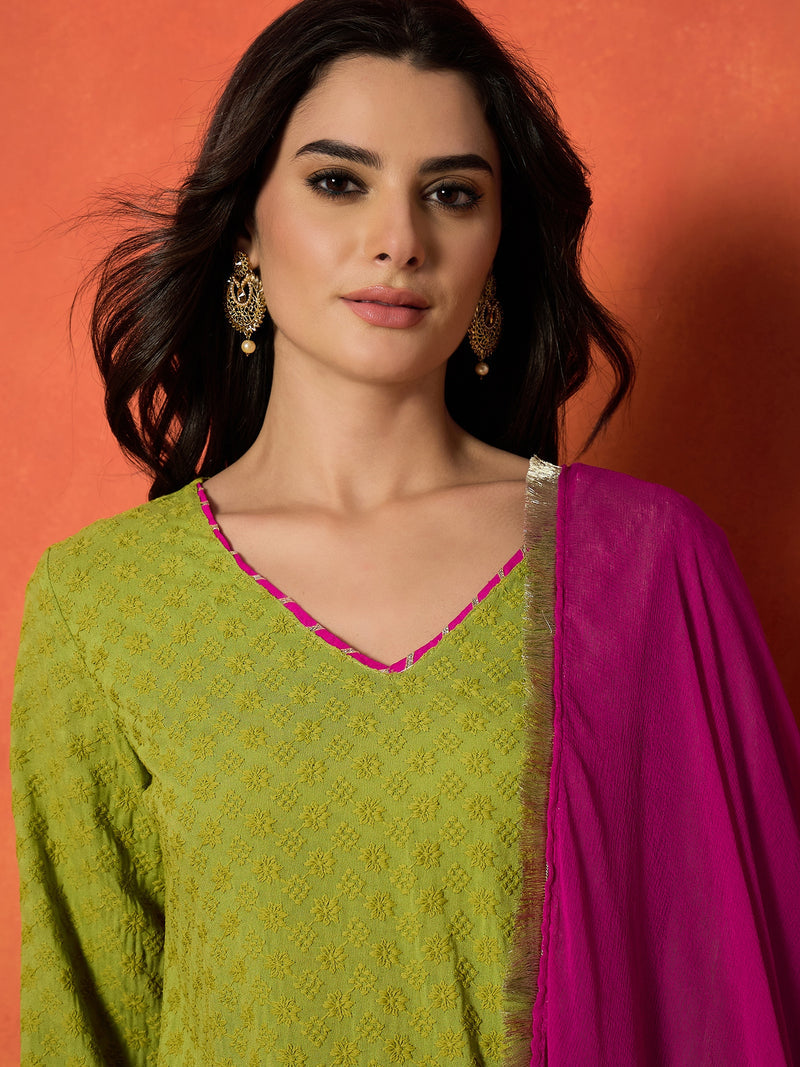 Stylum Women's Chikankari Rayon A-Line Kurti Farshi Salwar With Dupatta Set