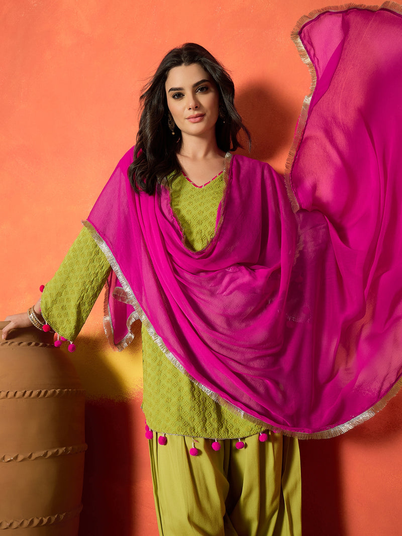 Stylum Women's Chikankari Rayon A-Line Kurti Farshi Salwar With Dupatta Set