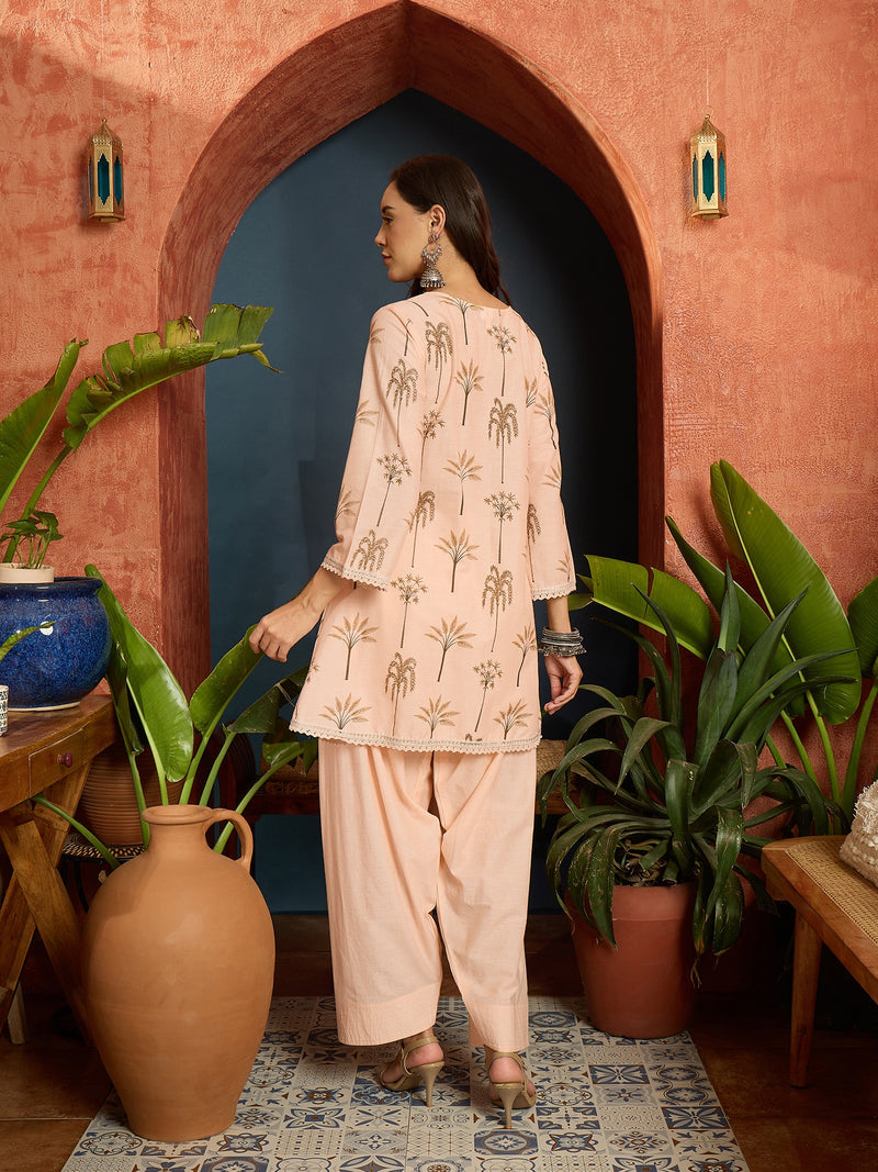 Stylum Women's Palm Tree Printed Pure Cotton A-Line Short Kurti With Farshi Salwar Set