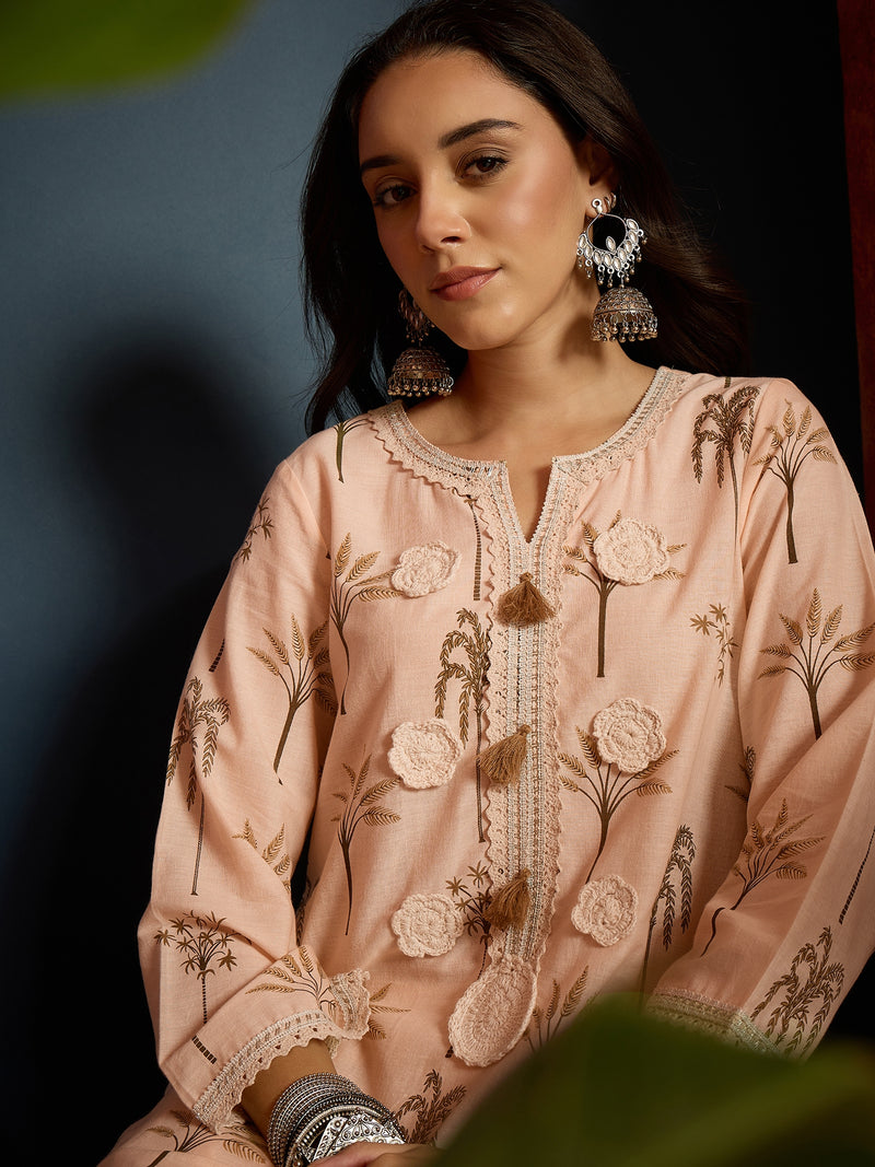 Stylum Women's Palm Tree Printed Pure Cotton A-Line Short Kurti With Farshi Salwar Set