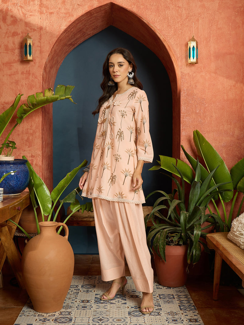 Stylum Women's Palm Tree Printed Pure Cotton A-Line Short Kurti With Farshi Salwar Set