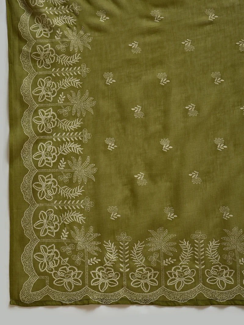 Stylum Women's Green Solid & Embroidered Cotton Straight Kurta Palazzo Dupatta Set
